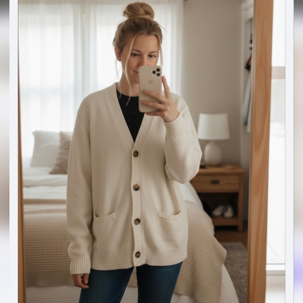 J. Crew Cream Button-Front V-Neck Cardigan